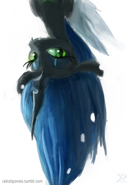 Size: 634x885 | Tagged: dead source, safe, artist:raikoh, derpibooru import, queen chrysalis, solo, upside down