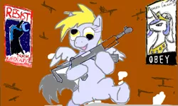 Size: 831x498 | Tagged: artist needed, safe, derpibooru import, derpy hooves, pegasus, pony, bipedal, female, gun, mare, poster, revolution, rifle, solo, weapon