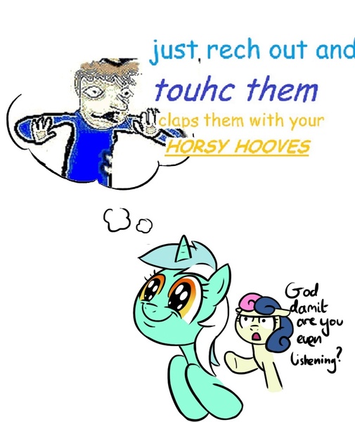 Size: 929x1103 | Tagged: artist:shoutingisfun, bon bon, bon bon is not amused, comic sans, daydream, derpibooru import, dialogue, edit, hella jeff, homestuck, human, humie, lyra heartstrings, safe, simple background, smiling, sweet bro and hella jeff, sweetie drops, thought bubble, unamused, vulgar, white background