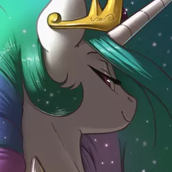 Size: 1000x1000 | Tagged: safe, artist:kevinsano, derpibooru import, princess celestia, alicorn, pony, bedroom eyes, bust, cropped, crown, ethereal mane, female, jewelry, mare, portrait, regalia, smiling, solo