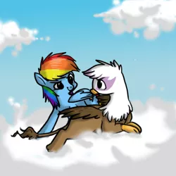 Size: 500x500 | Tagged: safe, artist:pandarainbow, derpibooru import, gilda, rainbow dash, gryphon, chickub, cloud, cloudy, eye contact, female, filly, image, li'l gilda, looking at each other, png, prone, sky, smiling, young, younger