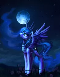 Size: 2005x2557 | Tagged: absurd resolution, alicorn, artist:nyarmarr, blue eyes, cloud, derpibooru import, ethereal mane, female, horn, jewelry, looking up, moon, necklace, night, pearl necklace, princess luna, regalia, safe, solo, spread wings, stars, wings