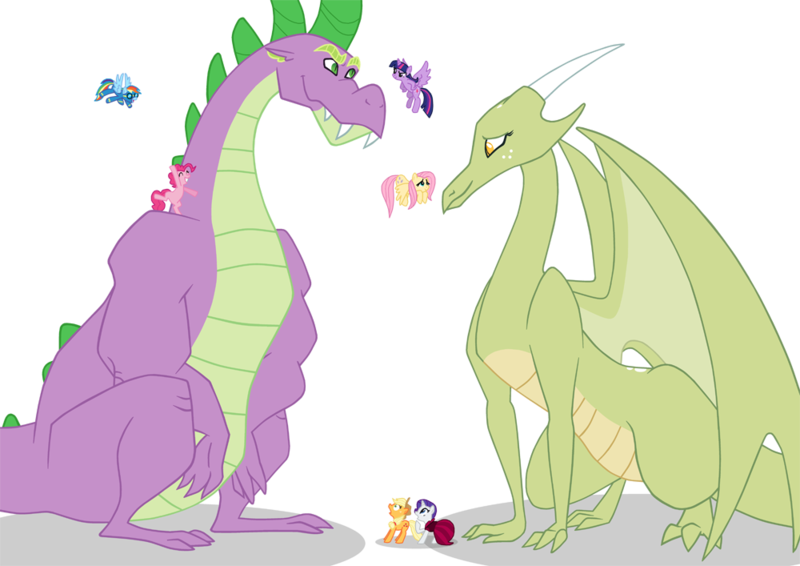 Size: 1000x707 | Tagged: safe, artist:queencold, derpibooru import, applejack, fluttershy, pinkie pie, rainbow dash, rarity, spike, twilight sparkle, twilight sparkle (alicorn), oc, oc:jade, alicorn, dragon, pony, adult, adult spike, clothes, dragon oc, dragoness, dress, female, mane seven, mane six, mare, older, older spike, simple background, spikezilla, transparent background, wonderbolts