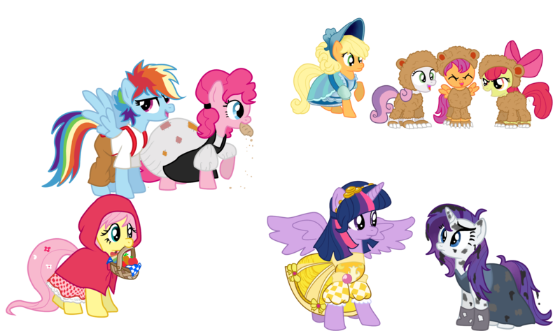 Size: 2685x1591 | Tagged: dead source, safe, artist:schnuffitrunks, derpibooru import, apple bloom, applejack, fluttershy, pinkie pie, rainbow dash, rarity, scootaloo, sweetie belle, twilight sparkle, twilight sparkle (alicorn), alicorn, pony, crossover, cutie mark crusaders, fairy tails, gold, goldilocks and the three bears, hansel and gretel, little red riding hood, mother hulda, pitch