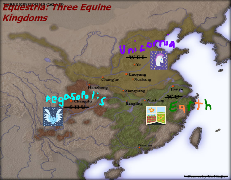 Size: 800x624 | Tagged: china, derpibooru import, dynasty warriors, earth, equestria, map, ms paint, pegasopolis, romance of the three kingdoms, safe, shu, three kingdoms, unicornia, wei, wu