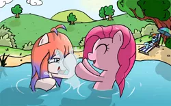 Size: 500x310 | Tagged: artist:pavagat, ask, cute, derpibooru import, eyes closed, oc, oc:unie, open mouth, pinkie pie, rainbow dash, safe, smiling, splashing, swimming, swimming hole, un13un, water, wet, wet mane