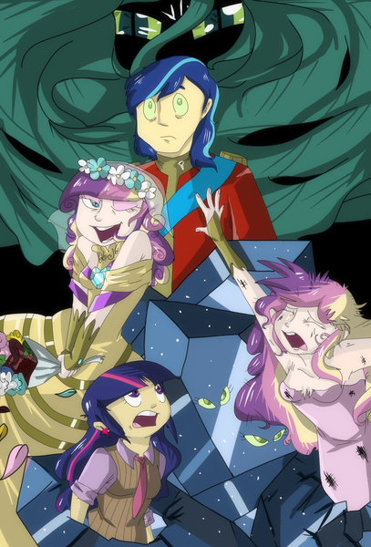 Size: 1507x2222 | Tagged: a canterlot wedding, artist:itsaaudraw, bouquet, changeling, derpibooru import, disguise, disguised changeling, fake cadance, flower, human, humanized, princess cadance, queen chrysalis, safe, shining armor, twilight sparkle