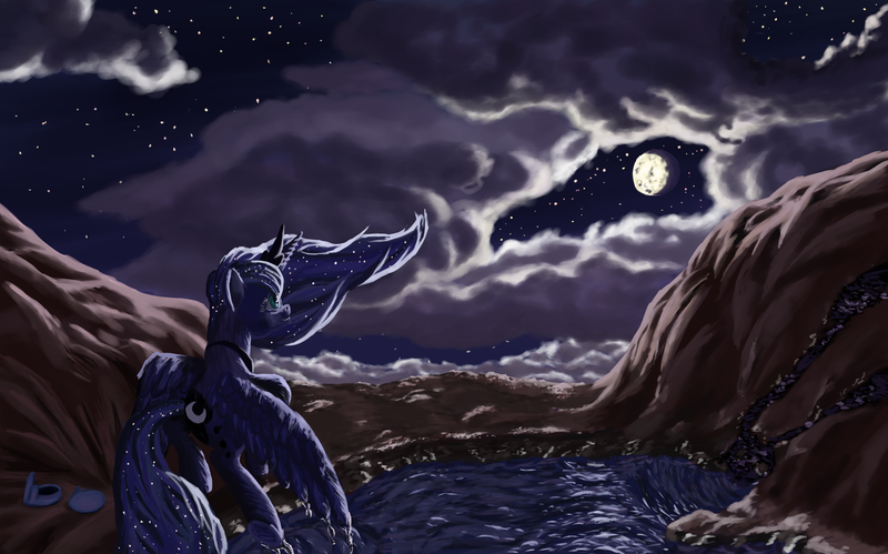 Size: 2891x1802 | Tagged: artist:morevespenegas, cloud, cloudy, derpibooru import, moon, night, princess luna, safe, solo, water