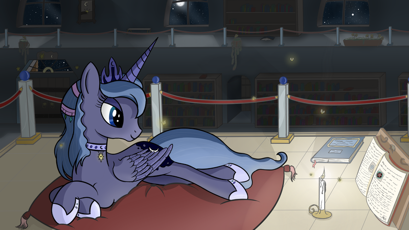 Size: 1920x1080 | Tagged: alternate hairstyle, artist:regolithx, book, candle, derpibooru import, library, moon, night, princess luna, prone, safe, solo