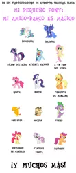 Size: 600x1357 | Tagged: safe, derpibooru import, apple bloom, applejack, fluttershy, owlowiscious, peewee, pinkie pie, princess celestia, princess luna, rainbow dash, rarity, scootaloo, spike, sweetie belle, twilight sparkle, alicorn, dragon, earth pony, pegasus, pony, unicorn, female, lidded eyes, mane seven, mane six, mare, mouth hold, open mouth, raised hoof, smiling, spanish, spread wings, traslation fail, wings