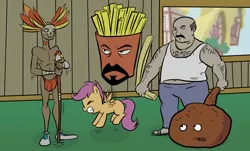 Size: 1322x801 | Tagged: aqua teen hunger force, artist:madmax, billywitchdoctor.com, carl, carl brutananadilewski, crossover, derpibooru import, frylock, meatwad, parody, safe, scootachicken, scootaloo, scootaloo can't fly