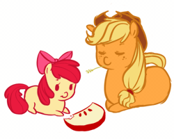 Size: 500x400 | Tagged: dead source, safe, artist:xarakayx, derpibooru import, apple bloom, applejack, earth pony, pony, adorabloom, animated, apple, apple slice, bean bag pony, bow, chewing, cute, eating, eyes closed, female, filly, food, freckles, fruit, hair bow, hat, herbivore, mare, munching, siblings, simple background, sisters, white background