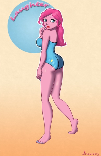 Size: 971x1500 | Tagged: artist:draneas, breasts, clothes, derpibooru import, human, humanized, one-piece swimsuit, pinkie pie, pony coloring, suggestive, swimsuit