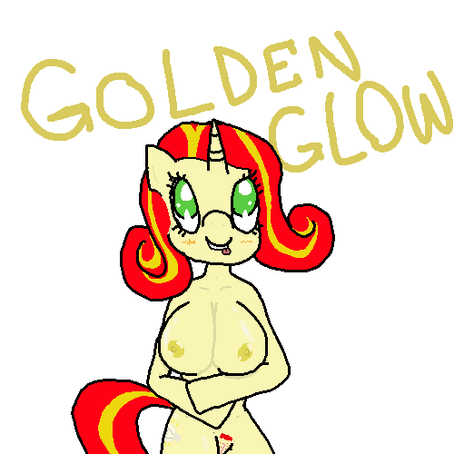 Size: 500x500 | Tagged: explicit, artist:raritay, derpibooru import, oc, oc:golden glow, unofficial characters only, anthro, anthro oc, blushing, breasts, female, nipples, nudity, pubic hair, simple background, smiling, solo, solo female, tongue out, vulva, white background