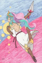 Size: 2282x3426 | Tagged: artist:enigmaticthief, daitarn 3, derpibooru import, human, humanized, princess celestia, safe, traditional art, weapon