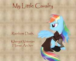 Size: 1023x823 | Tagged: archery, artist:nimbostratus, clothes, crossover, derpibooru import, mount and blade, papyrus, rainbow dash, safe, solo