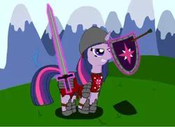 Size: 900x655 | Tagged: safe, derpibooru import, twilight sparkle, pony, unicorn, armor, crossover, female, magic, magic aura, mare, mount and blade, shield, solo, sword, telekinesis, unicorn twilight, warrior twilight sparkle, weapon