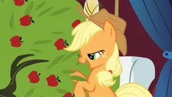 Size: 1920x1080 | Tagged: safe, derpibooru import, screencap, applejack, bloomberg, over a barrel, apple, apple tree, food, lidded eyes, out of context, tree