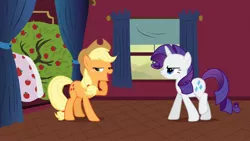 Size: 1920x1080 | Tagged: apple, applejack, bloomberg, derpibooru import, food, lidded eyes, out of context, over a barrel, rarity, safe, screencap, tree
