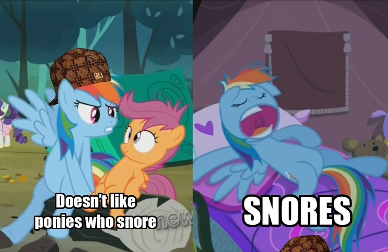 Size: 1107x719 | Tagged: cross-eyed, derpibooru import, edit, edited screencap, frown, glare, gritted teeth, hat, hypocrite, irony, meme, on back, open mouth, rainbow dash, safe, scootaloo, screencap, scumbag hat, scumbag steve, sleeping, sleepless in ponyville, smiling, snoring, spread wings, text, truth, wide eyes, wings