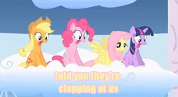 Size: 636x348 | Tagged: applejack, caption, cloppers, derpibooru import, fluttershy, image macro, pinkie pie, safe, shock, shocked, sky, spread wings, spying, text, twilight sparkle, wingboner, wings, yellow text