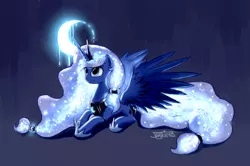 Size: 2071x1378 | Tagged: safe, artist:junkiekb, derpibooru import, princess luna, alicorn, pony, crescent moon, ethereal mane, glow, mane, moon, prone, solo