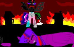 Size: 954x606 | Tagged: semi-grimdark, derpibooru import, twilight sparkle, twilight sparkle (alicorn), oc, alicorn, pony, bad end, broken horn, eyes closed, female, fire, horn, mare, meme, ms paint, tiara ultima