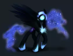 Size: 1100x846 | Tagged: safe, artist:kairaanix, derpibooru import, nightmare moon, alicorn, pony, female, glowing eyes, gray background, mare, raised hoof, simple background, solo