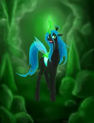 Size: 1074x1396 | Tagged: artist:livinlovindude, cave, changeling, changeling queen, derpibooru import, female, looking at you, magic, queen chrysalis, safe, solo