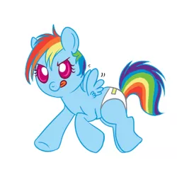 Size: 350x350 | Tagged: safe, artist:lulubell, derpibooru import, rainbow dash, pegasus, pony, :p, baby, baby pony, cute, dashabetes, diaper, flapping, foal, simple background, smiling, solo, tongue out, white background, younger