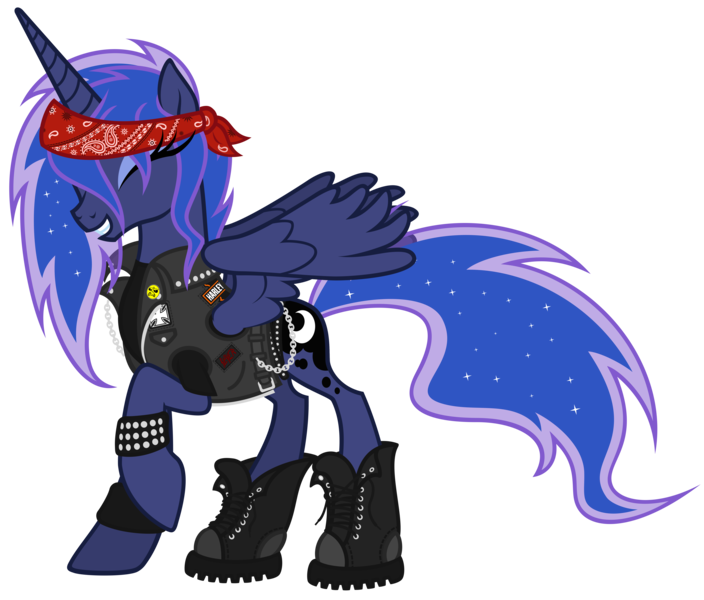 Size: 6000x5115 | Tagged: absurd resolution, alternate hairstyle, artist:gabriev666, bandana, belt, boots, clothes, derpibooru import, eddie the head, harley davidson, hoof boots, iron maiden, metal, princess luna, safe, shoes, simple background, slayer, solo, transparent background, vector, vest