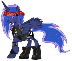 Size: 6000x5115 | Tagged: absurd resolution, alternate hairstyle, artist:gabriev666, bandana, belt, boots, clothes, derpibooru import, eddie the head, harley davidson, hoof boots, iron maiden, metal, princess luna, safe, shoes, simple background, slayer, solo, transparent background, vector, vest