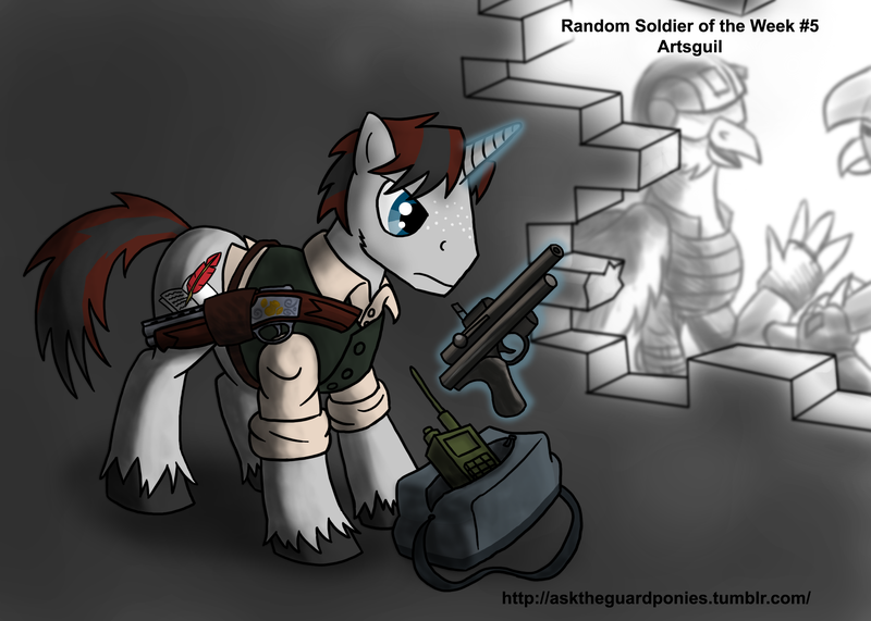 Size: 2450x1750 | Tagged: artist:asktheguardponies, artsguil, asktheguardponies, commission, derpibooru import, gun, oc, safe, unofficial characters only, war, weapon