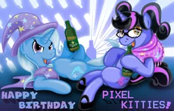 Size: 1200x769 | Tagged: alcohol, artist:jamescorck, beer, derpibooru import, oc, oc:pixelkitties, safe, trixie