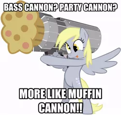 Size: 916x872 | Tagged: safe, derpibooru import, derpy hooves, pegasus, pony, bass cannon, cannon, cannon ponies, female, food, mare, muffin, muffin launcher