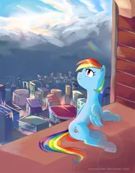 Size: 800x1024 | Tagged: artist:maroonriver, city, cityscape, derpibooru import, earth, rainbow dash, safe, solo