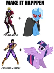 Size: 747x1005 | Tagged: safe, derpibooru import, trixie, twilight sparkle, twilight sparkle (alicorn), alicorn, pony, alicorn amulet, dio brando, exploitable meme, female, jojo pose, jojo's bizarre adventure, jonathan joestar, make it happen, mare, meme