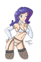 Size: 807x1219 | Tagged: artist:danmakuman, belly button, bra, breasts, cleavage, clothes, derpibooru import, female, garter belt, human, humanized, lingerarity, lingerie, panties, rarity, solo, solo female, stockings, suggestive, thigh highs, thong, underass, underwear