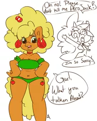 Size: 1280x1600 | Tagged: afro, afrojack, alternate hairstyle, anthro, applejack, artist:tiki-sama, belly button, both cutie marks, breasts, busty applejack, clothes, derpibooru import, dialogue, ear piercing, earring, glasses, jewelry, magic, oc, panties, piercing, potion, shirt, simple background, spell, suggestive, transformation, underwear, white background, wide hips