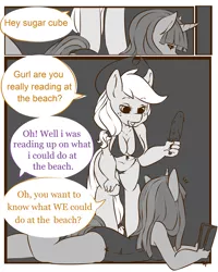 Size: 1280x1600 | Tagged: suggestive, artist:tiki-sama, derpibooru import, applejack, twilight sparkle, anthro, earth pony, unicorn, comic:summer fun, beach, belly button, bikini, book, breasts, busty applejack, cleavage, clothes, comic, dialogue, female, food, image, lesbian, monochrome, partial color, png, popsicle, reading, shipping, swimsuit, twijack
