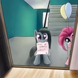 Size: 1200x1200 | Tagged: artist:sokolas, balloon, birthday, derpibooru import, female, heart, letter, marble pie, mouth hold, note, pie sisters, pinkie pie, safe, siblings, sisters, stairs, twins