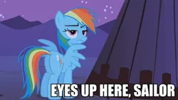 Size: 400x225 | Tagged: butt, caption, derpibooru import, edit, edited screencap, image macro, over a barrel, plot, rainbow dash, safe, screencap, text