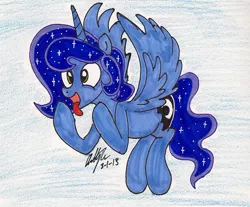 Size: 1169x968 | Tagged: safe, artist:newyorkx3, derpibooru import, princess luna, cider, flying, male, prince artemis, rule 63, solo, tongue out, traditional art