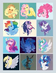 Size: 985x1280 | Tagged: safe, artist:rottingroot, derpibooru import, applejack, derpy hooves, fluttershy, pinkie pie, princess cadance, princess celestia, princess luna, queen chrysalis, rainbow dash, rarity, twilight sparkle, vinyl scratch, pegasus, pony, female, mare