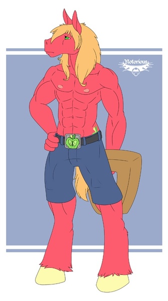 Size: 474x850 | Tagged: safe, artist:notorious84, derpibooru import, big macintosh, anthro, earth pony, unguligrade anthro, abs, bare chest, belt, belt buckle, clothes, color, cutie mark, muscles, pants, partial nudity, shorts, topless