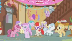 Size: 1280x720 | Tagged: safe, derpibooru import, screencap, alula, applecore, aura (character), cotton cloudy, diamond tiara, dinky hooves, noi, piña colada, ruby pinch, silver spoon, twist, earth pony, pegasus, pony, unicorn, call of the cutie, balloon, confetti, coronet clover, cupcake, cuteceañera, dancing, female, filly, foal, food, glasses, party, piña cutelada, stairs, streamers, sugarcube corner