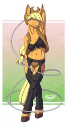 Size: 458x850 | Tagged: suggestive, alternate version, artist:notorious84, derpibooru import, applejack, anthro, earth pony, unguligrade anthro, applejack's hat, arm behind head, armpits, boob freckles, bra, breasts, busty applejack, chaps, chest freckles, clothes, color, cowboy hat, freckles, front knot midriff, hat, jacket, lasso, midriff, panties, rope, underwear, unshorn fetlocks, vest