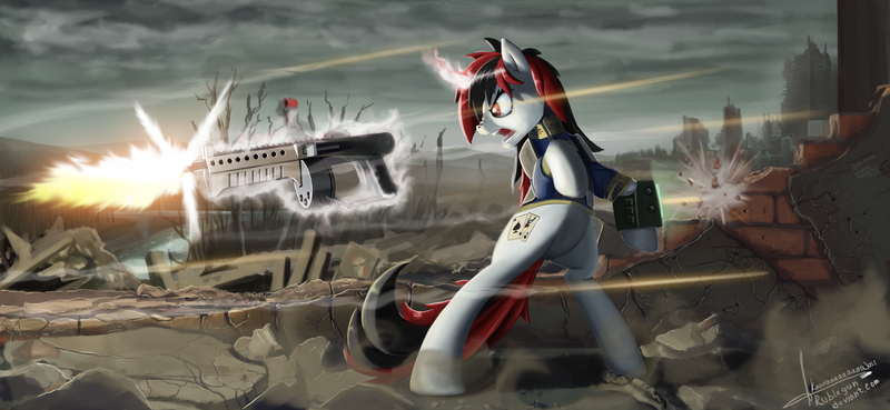 Size: 2600x1200 | Tagged: safe, artist:rublegun, derpibooru import, oc, oc:blackjack, unofficial characters only, pony, unicorn, fallout equestria, fallout equestria: project horizons, fanfic, bipedal, city, clothes, fanfic art, female, fight, glowing horn, gun, handgun, hooves, horn, levitation, magic, mare, open mouth, pipbuck, shooting, shotgun, telekinesis, vault suit, wasteland, weapon