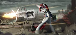 Size: 2600x1200 | Tagged: safe, artist:rublegun, derpibooru import, oc, oc:blackjack, unofficial characters only, pony, unicorn, fallout equestria, fallout equestria: project horizons, fanfic, bipedal, city, clothes, fanfic art, female, fight, glowing horn, gun, handgun, hooves, horn, levitation, magic, mare, open mouth, pipbuck, shooting, shotgun, telekinesis, vault suit, wasteland, weapon