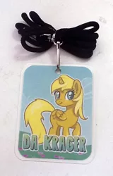 Size: 400x626 | Tagged: safe, artist:krisgoat, derpibooru import, oc, oc:ticket, unofficial characters only, alicorn, pony, alicorn oc, badge, con badge, horn, photo, solo, wings